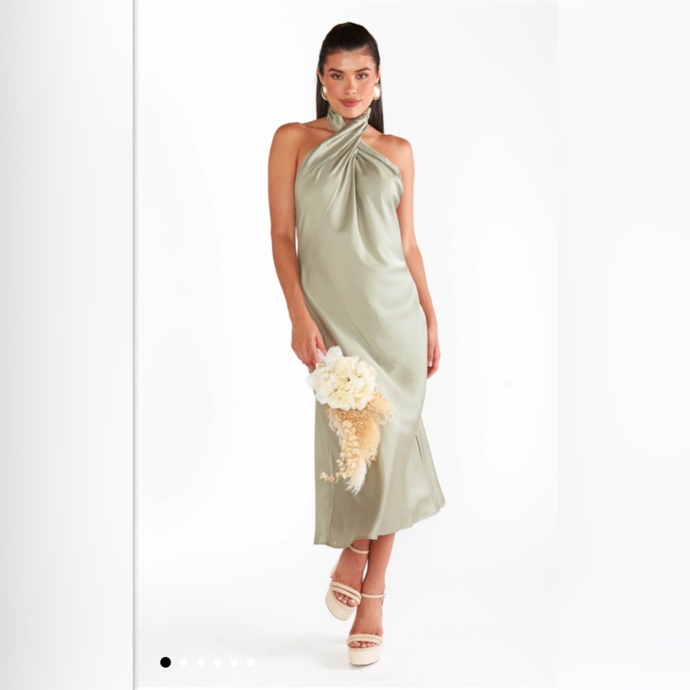 Show Me Your MuMu Sage Green Satin Backless Halter Midi Dress